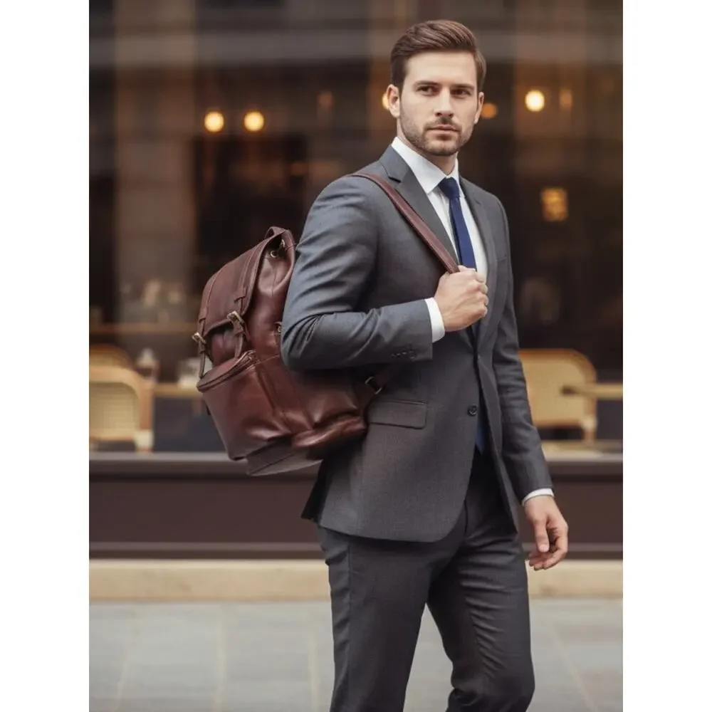 Bosca Leather Backpack Mens Large 40L Laptop Travel Bag Brown Full Grain Utility